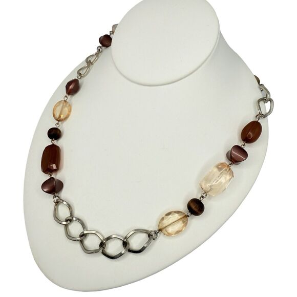VTG Brown & Gold Tone Icy Glass Beaded Station Necklace 30" Silver Tone Boho - Picture 4 of 9
